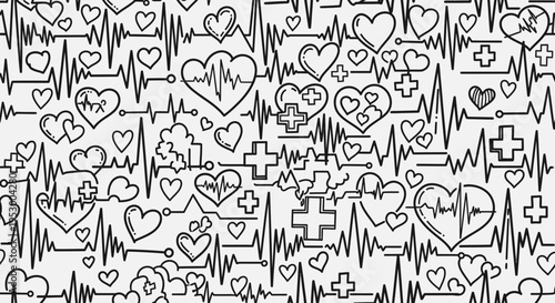 A continuous, intricate doodle pattern features hand-drawn heartbeats, various heart shapes, and prominent medical crosses, symbolizing health and wellness.