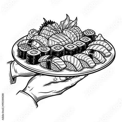 A meticulously drawn black and white illustration of a platter overflowing with a diverse assortment of fresh sushi and sashimi