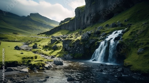 A photo of a calm waterfall nestled among rolling hills.