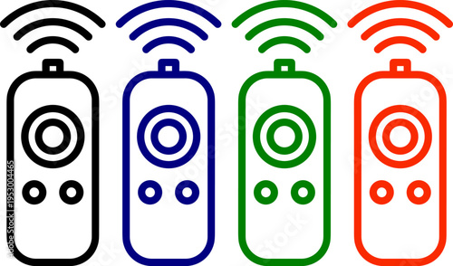 Four remote control icons in different colors including black blue green and orange with wifi signals