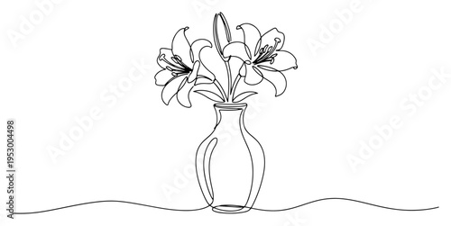 Lily flowers in a glass vase on a surface in minimalist one line art style