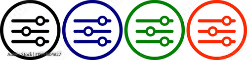 Four settings icons in different colors black blue green and red on transparent background for control