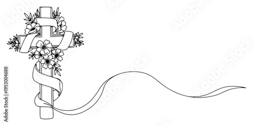 Christian cross with flowers and flowing ribbon in minimalist line art style