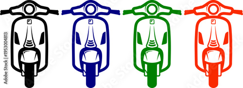 Front view of four scooters in black blue green and orange colors on transparent background