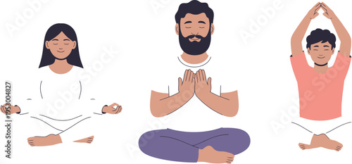 Three calm individuals meditate peacefully in lotus position showing deep.