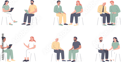 Diverse people participate in various group therapy and counseling sessions.
