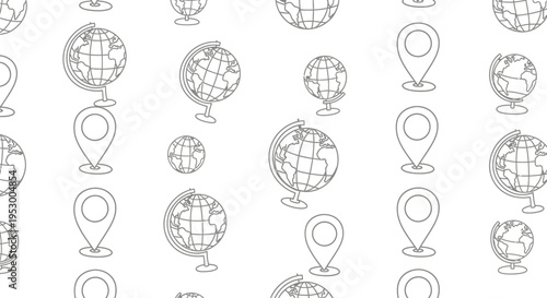 Seamless black and white pattern featuring stylized globes and map location pins for travel graphics