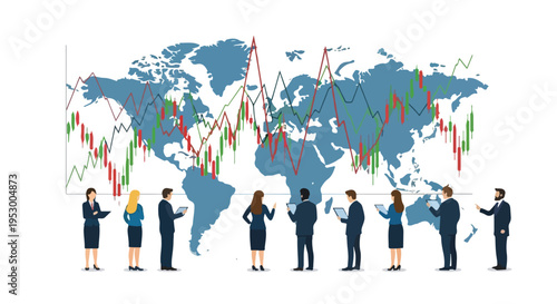 Flat 2D illustration of business professionals standing in front of a global economic map with colorful stock market graphs, conveying uncertainty.