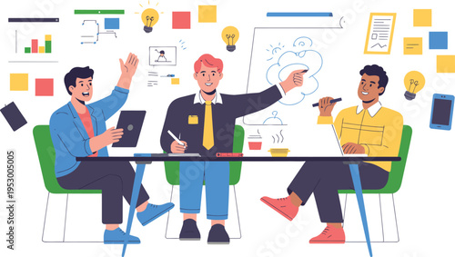 Three diverse colleagues develop innovative ideas around a whiteboard in.