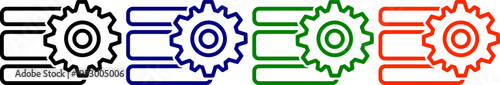 Gear mechanism icons in black blue green and red outlines on transparent background