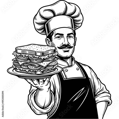 Illustration of a professional chef proudly presenting a large, stacked sandwich on a platter, showcasing culinary expertise