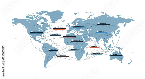 Flat 2D illustration of a world map with shipping routes and oil tanker tracks on a clean white background.