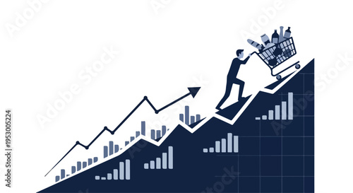 Flat 2D illustration of a person pushing a shopping cart up a steep graph mountain with rising arrow and bar charts, conveying a sense of crisis and inflation.
