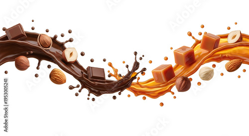 Chocolate and caramel sauce with nuts and chunks splashing isolated on white background