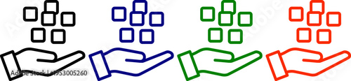 Hand holding cubes icon set in black blue green and orange on checkered background