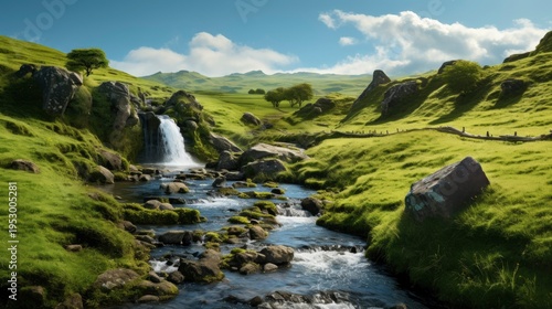 A photo of a calm waterfall nestled among rolling hills.