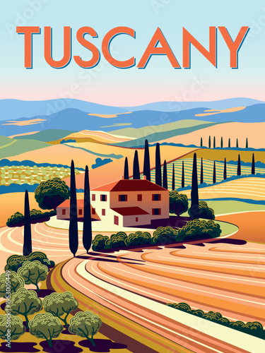 Romantic rural landscape in sunny day in Italy with vineyards, farms, meadows, fields and trees in the background. Handmade drawing vector illustration. Flat design. Poster in the Art Deco style.