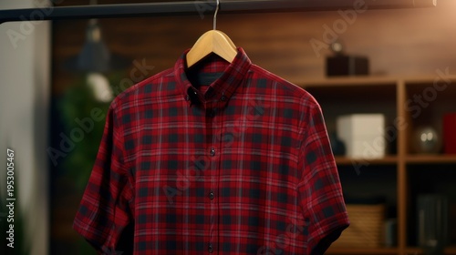 A photo of a classic plaid shirt on a hanger.