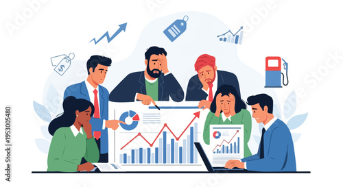 A diverse group of business professionals engaged in a meeting with graphs and charts on a table in a flat 2D illustration style against a clean white background.