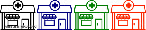 Hospital building icon set medical cross store facade building healthcare pharmacy drug store symbol