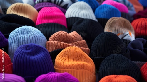 A photo of a collection of beanies in bright colors.