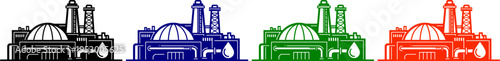 Industrial factory plant icons with towers and pipes in black blue green orange