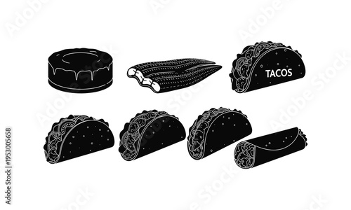 Delicious variety of tacos and a chocolate dessert illustration