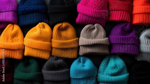 A photo of a collection of beanies in bright colors.