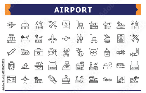 Airport line icon set. Outline icons pack. Air Bus modern icon set. Includes thin line symbols airplane, plane, transport, air, flight, travel and more.