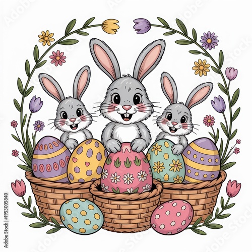 Three adorable bunnies sitting in baskets with colorful Easter eggs