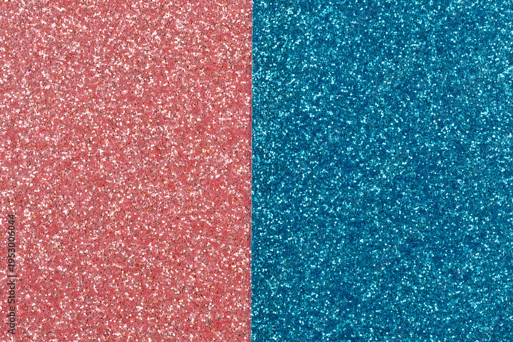 Fototapeta premium A shimmering background featuring a sharp vertical split between sparkling coral pink and deep teal blue glitter textures