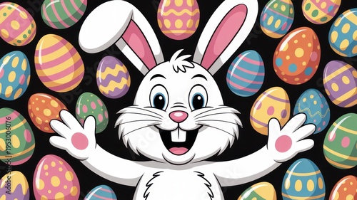 A cheerful cartoon Easter bunny surrounded by colorful eggs.