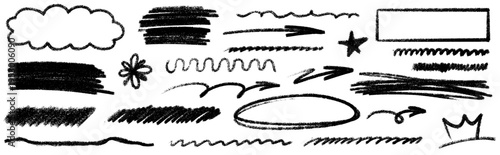 Bold underline drawn in crayon, underline frames line and arrow, crayon texture joins pencil, brush, wiggle, highlight and circle.