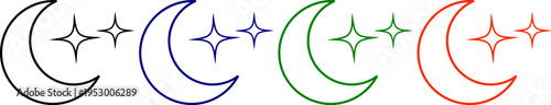 Moon and stars icon vector set night sky symbol black blue green and red outlines