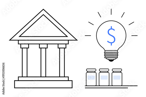 Banking, financial innovation, investment, savings, economy, business growth. ion includes a classical building, dollar sign lightbulb and jars. Banking and financial innovation concept