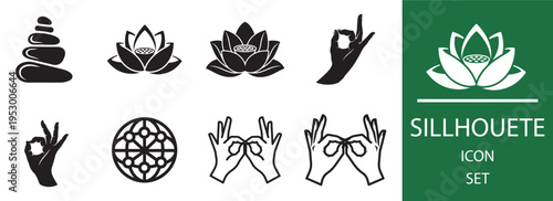 Set of 7 Black and White Silhouette Yoga and Meditation Icons Vector, featuring Lotus Flowers and Mudra Hand Gestures for Wellness and Spirituality Designs