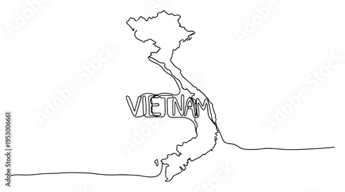 Single continuous line art illustration of Vietnam map with integrated country name text
