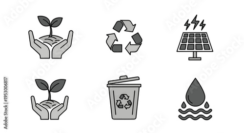 Ecology Conservation Icons Hands Holding Plant Recycle Solar Energy Trash Water Drop
