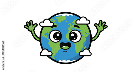 Happy Earth Character with Open Arms and Clouds Greeting