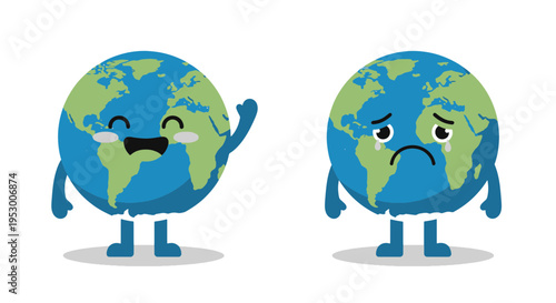 Happy and Sad Earth Characters Waving and Crying Representing Global Mood