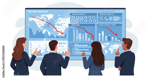 Flat 2D illustration of three business professionals analyzing a large global economic infographic display with various charts and graphs, conveying uncertainty.
