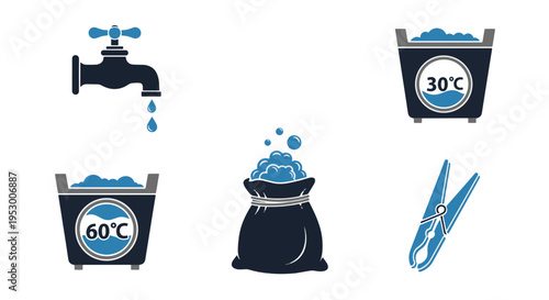 Laundry Care Symbols Illustrated with Water Faucet Bucket and Clothespin