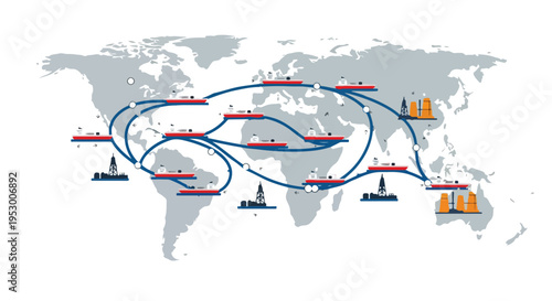 Flat 2D illustration of a world map showing global shipping routes and oil transportation paths with red lines and blue arrows on a gray background.