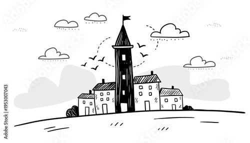Whimsical hand-drawn sketch of a charming village with a medieval castle tower on a hilltop, depicting a tranquil fairytale scene