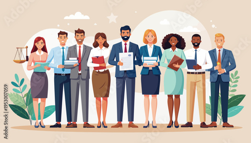 Diverse group of legal and business professionals standing together, representing teamwork, justice, and corporate success in a modern work environment