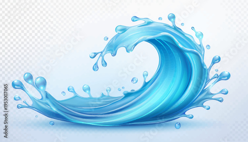 A dynamic and vibrant illustration of a swirling blue water wave with droplets and splashes, symbolizing freshness and fluidity, perfect for nature and refreshment themes