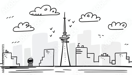 Hand-drawn sketch of a city skyline with a tall central tower and fluffy clouds, representing urban development and modern architecture