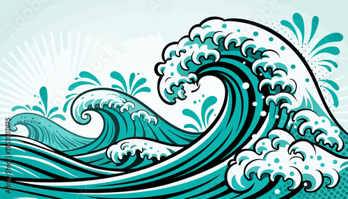 Dynamic ocean waves illustration with vibrant teal and white hues, depicting the power and beauty of the sea in a stylized graphic design