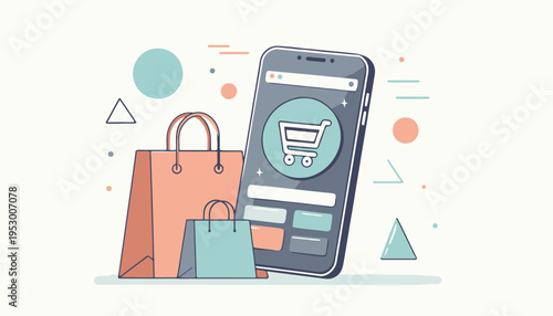 Digital shopping experience with a smartphone and shopping bags, showcasing e-commerce and online retail