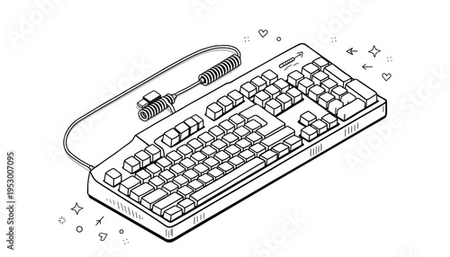 Clean isometric line art illustration of a modern wired computer keyboard, perfect for elegant tech-focused designs, digital input concepts, and interface component visuals